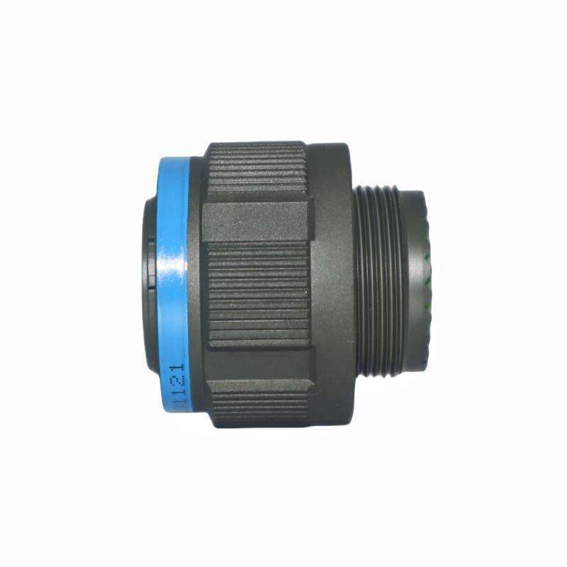 Threaded circular cable-side connector body with blue rear seal band