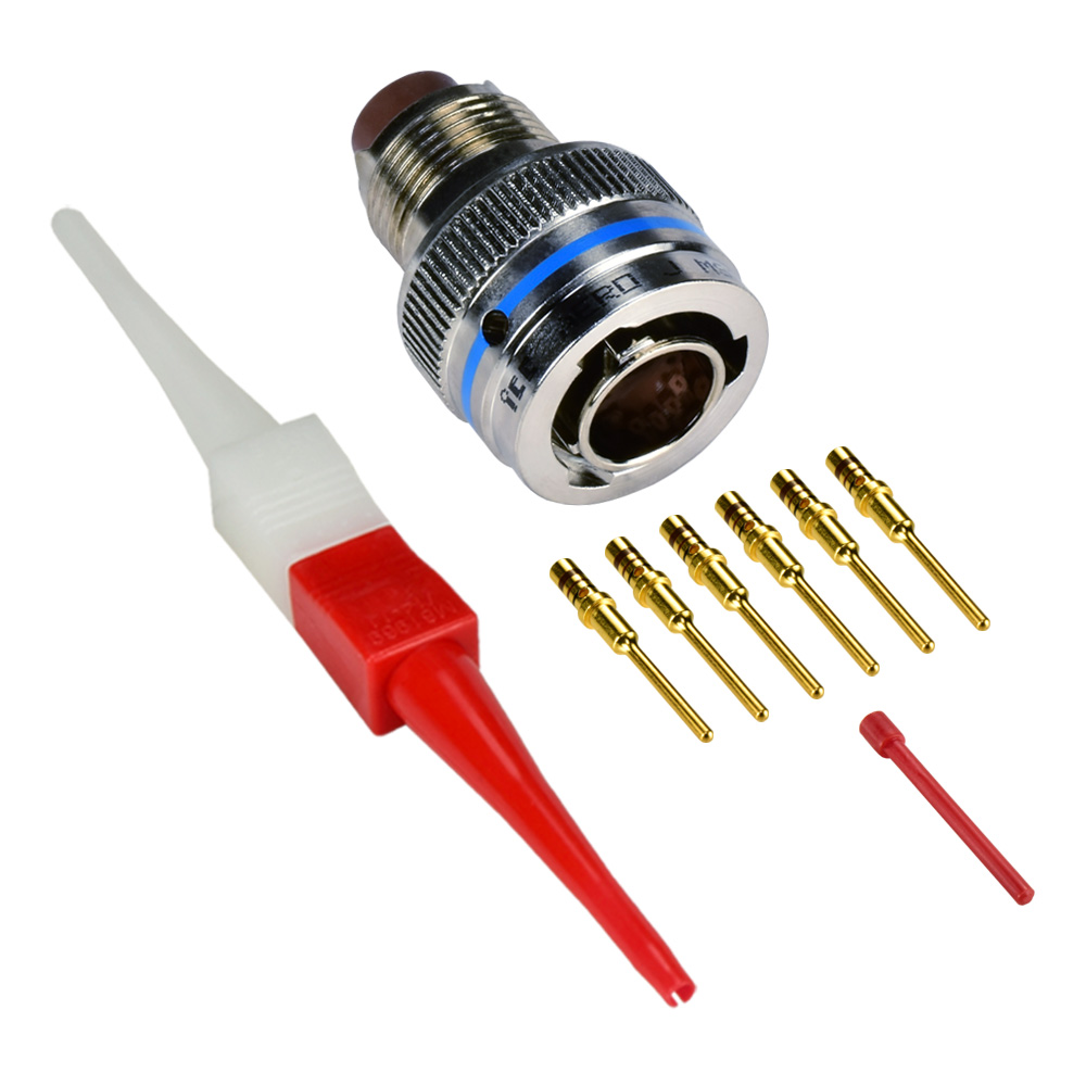 Rear-release crimp connector sample with loose contacts and insertion removal tools