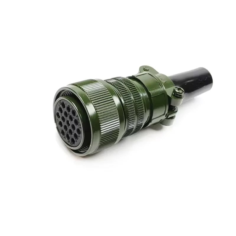 Supplier-source photograph of a threaded circular plug and its rear cable clamp.